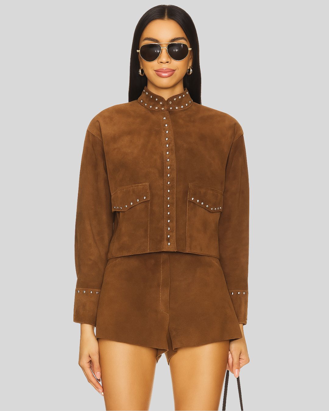 Back view of suede cropped jacket showing plain suede finish