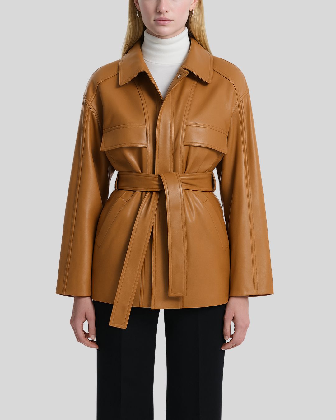 Front view of tan belted leather shacket for women with waist tie

SEO Title: Tan Belted Leather Shacket – Front View