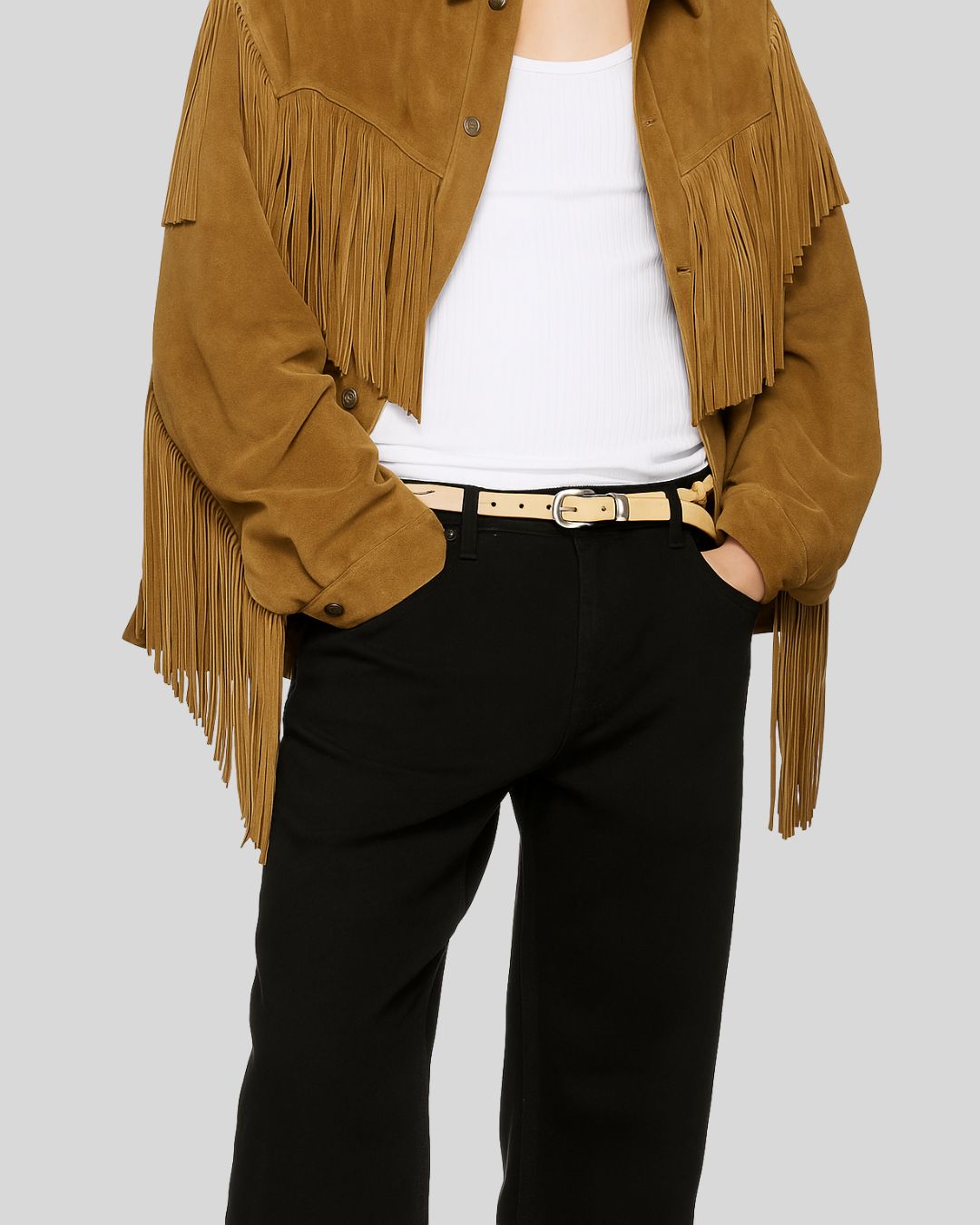 Tan suede fringe jacket men – western style front view