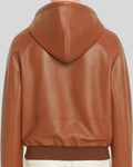 Zoomed hood and upper back panel on tan leather hoodie