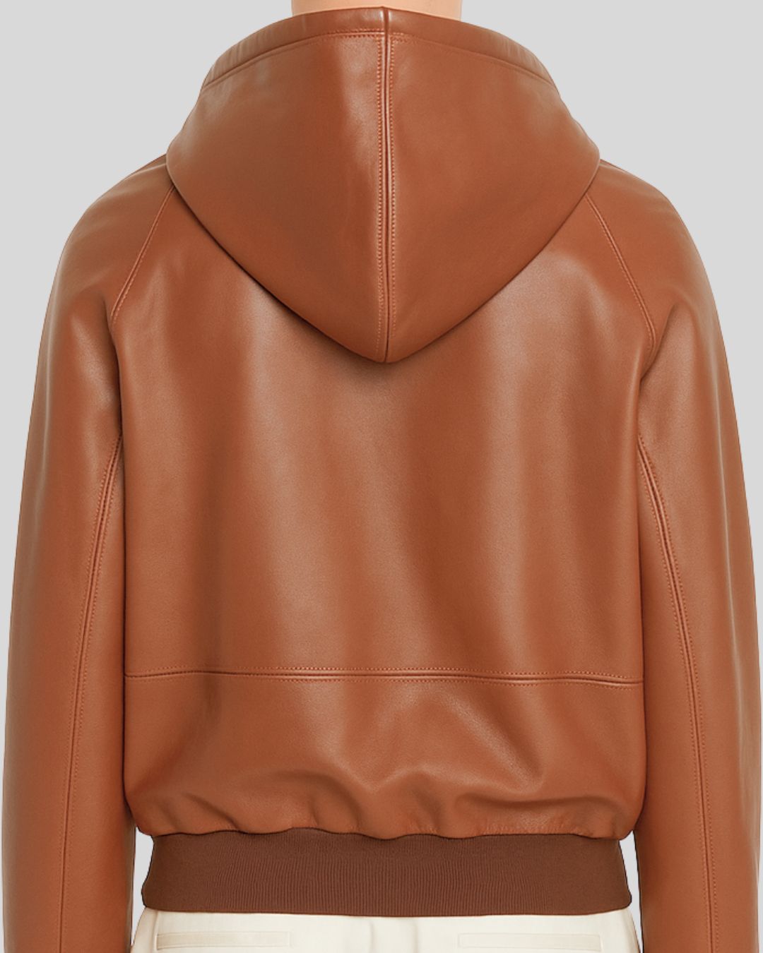 Zoomed hood and upper back panel on tan leather hoodie