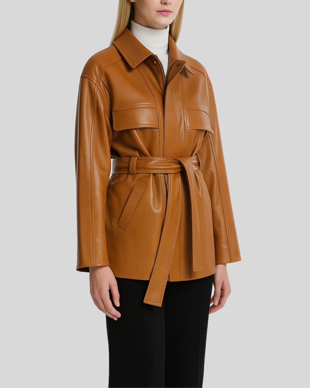 Side view of tan belted leather shacket for women