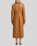 Tan leather trench coat – full-length back view with panel stitching