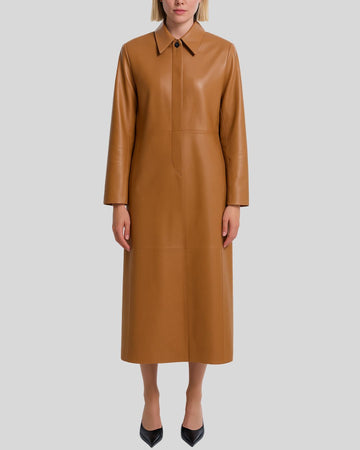 Tan leather trench coat for women – minimalist camel longline design front view