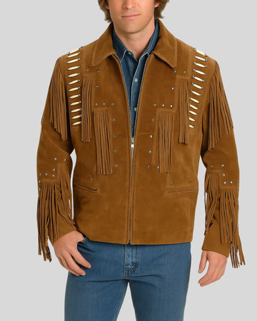 Man wearing tan suede western fringe jacket with bone bead trim