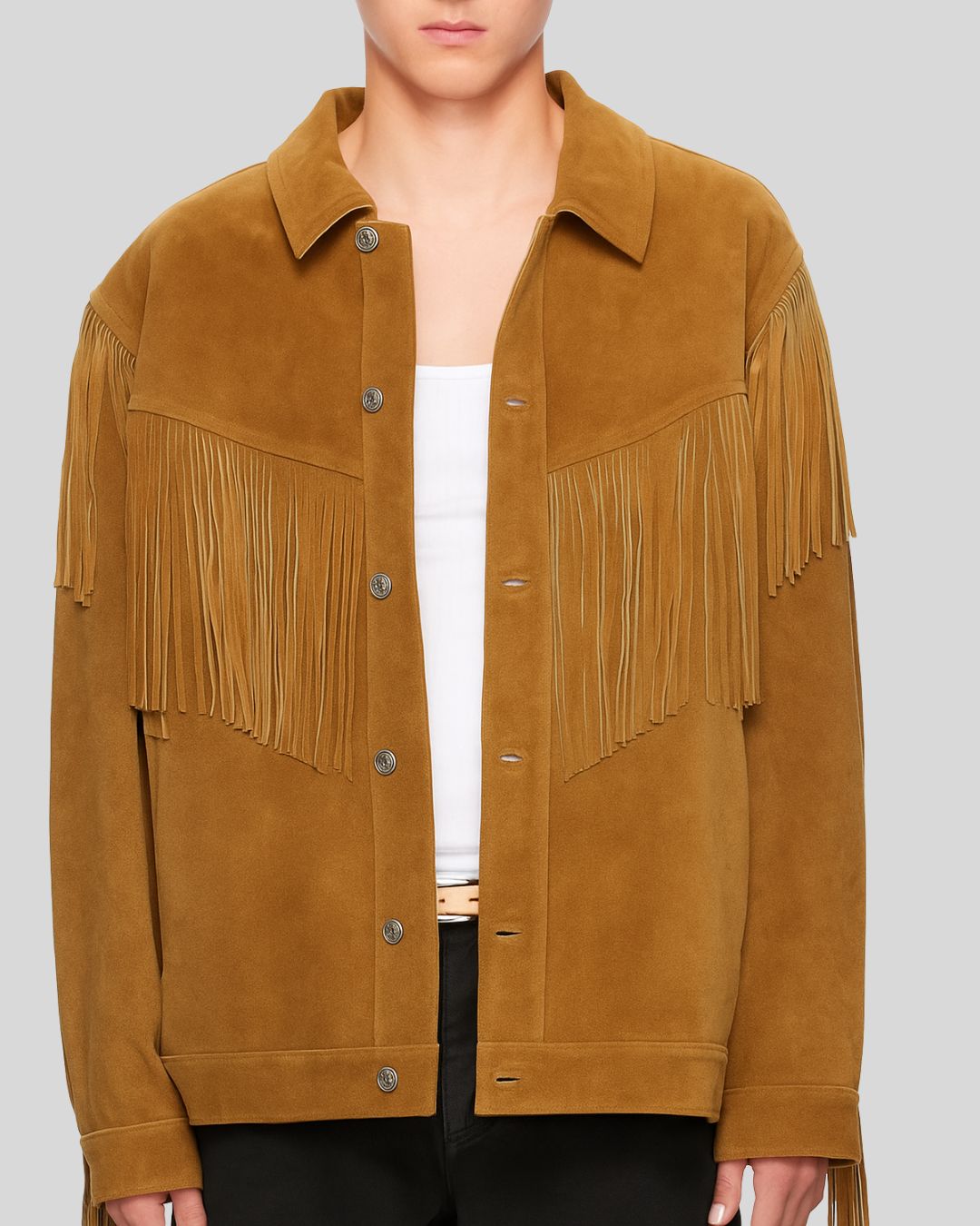 Tan suede fringe jacket men – western style front view