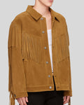 Fringe sleeve detail on tan suede jacket men