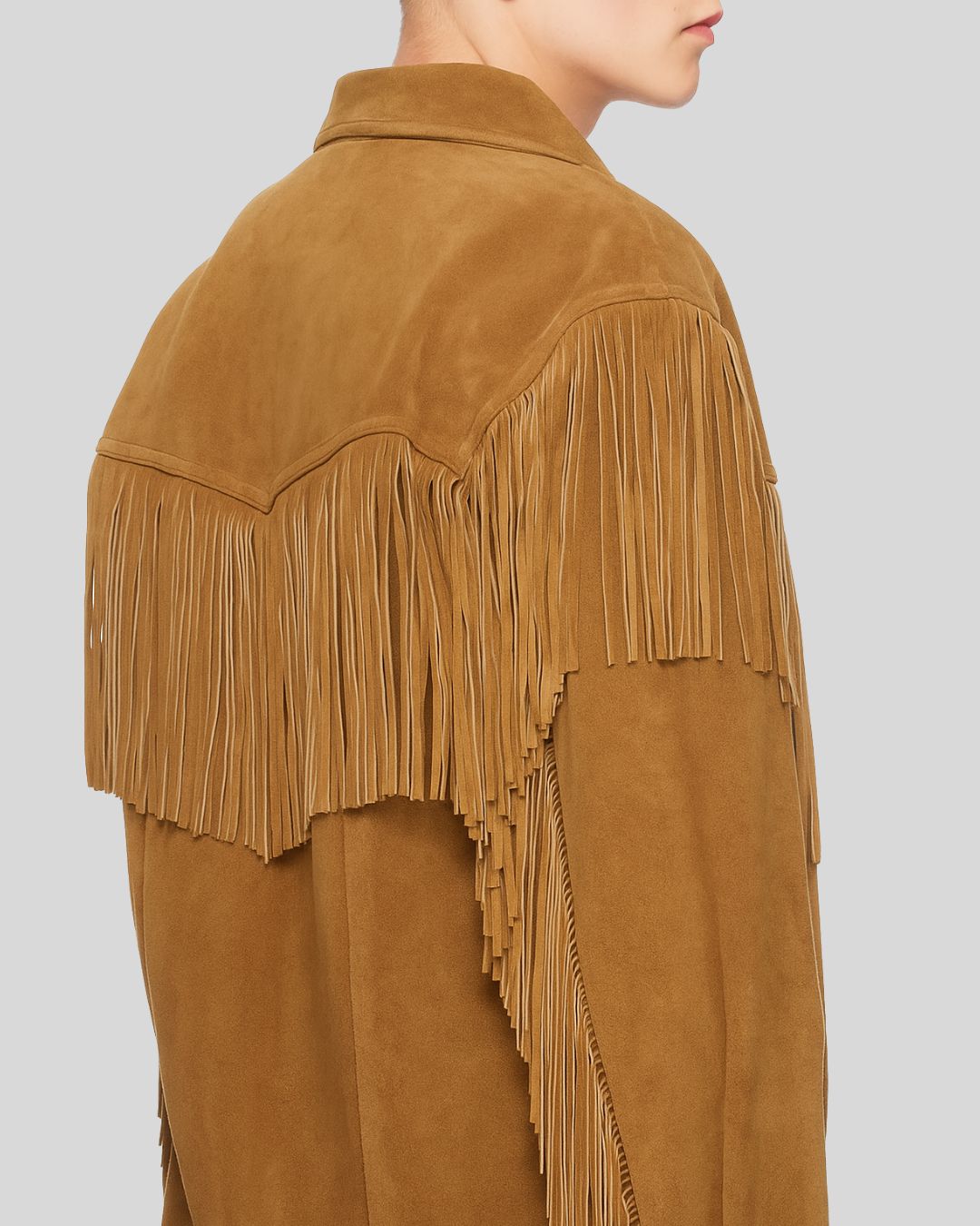 Tan suede fringe jacket men – western style front view