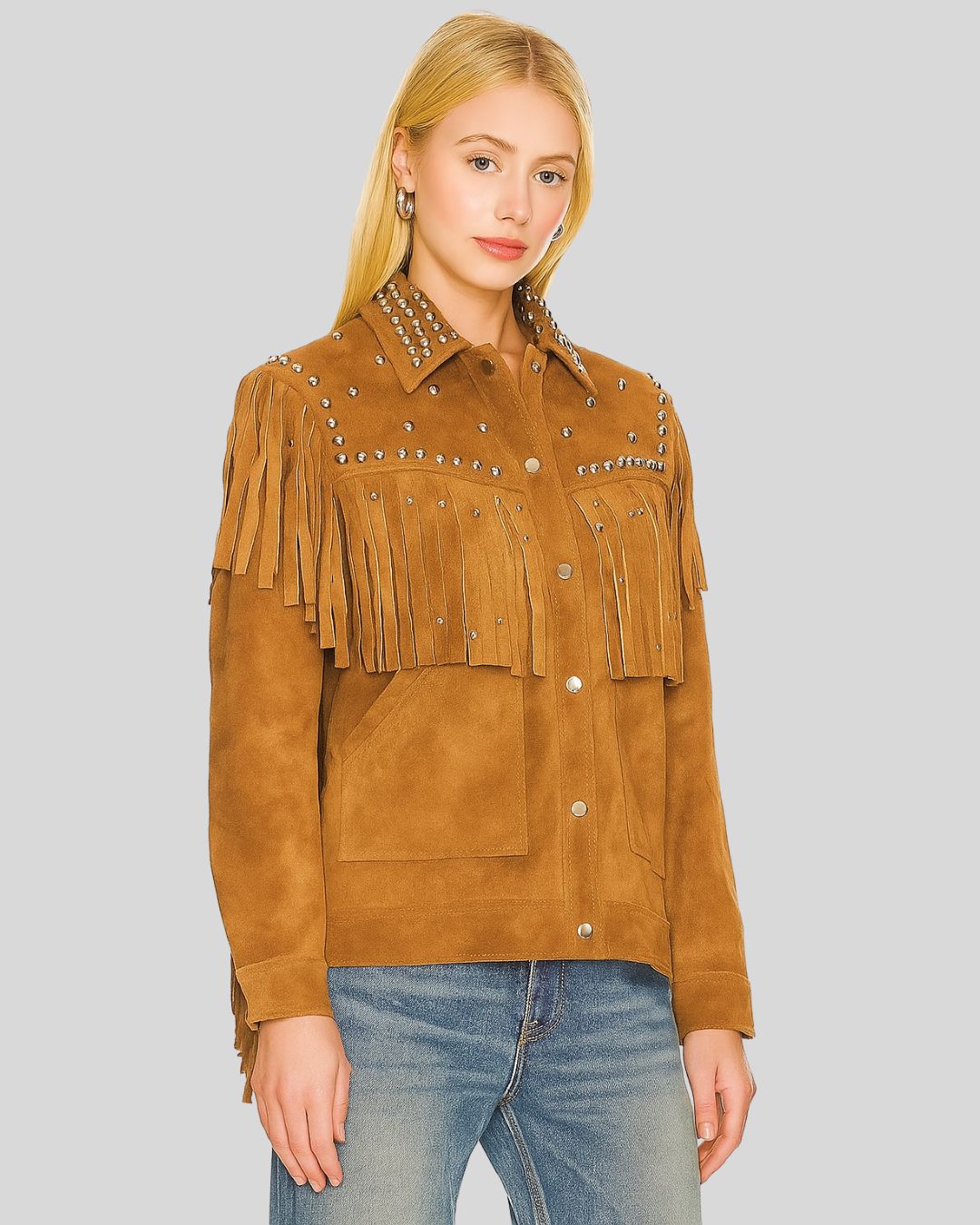 Front view of tan suede fringe jacket with studded collar and chest fringe