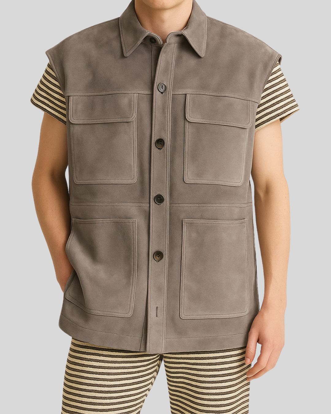 Front view of Taupe Craftsman Suede Vest for men