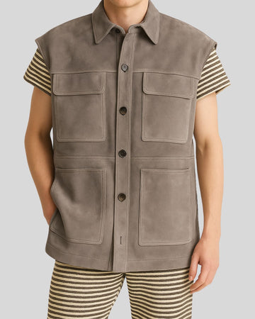 Front view of Taupe Craftsman Suede Vest for men