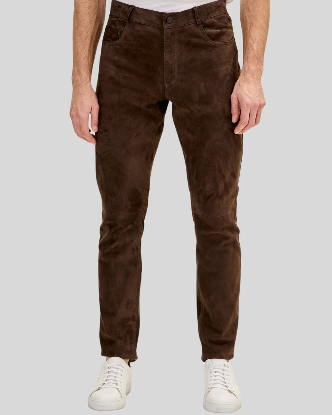 front view of men's dark brown suede pants slim fit