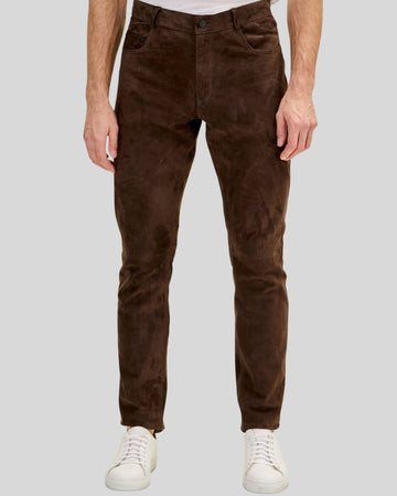 front view of men's dark brown suede pants slim fit