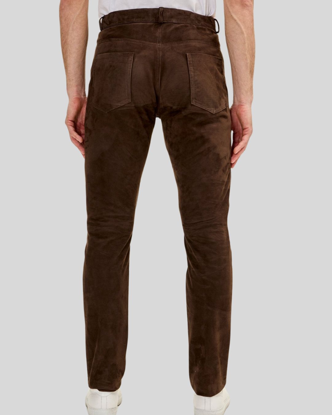 back view of brown suede pants for men
