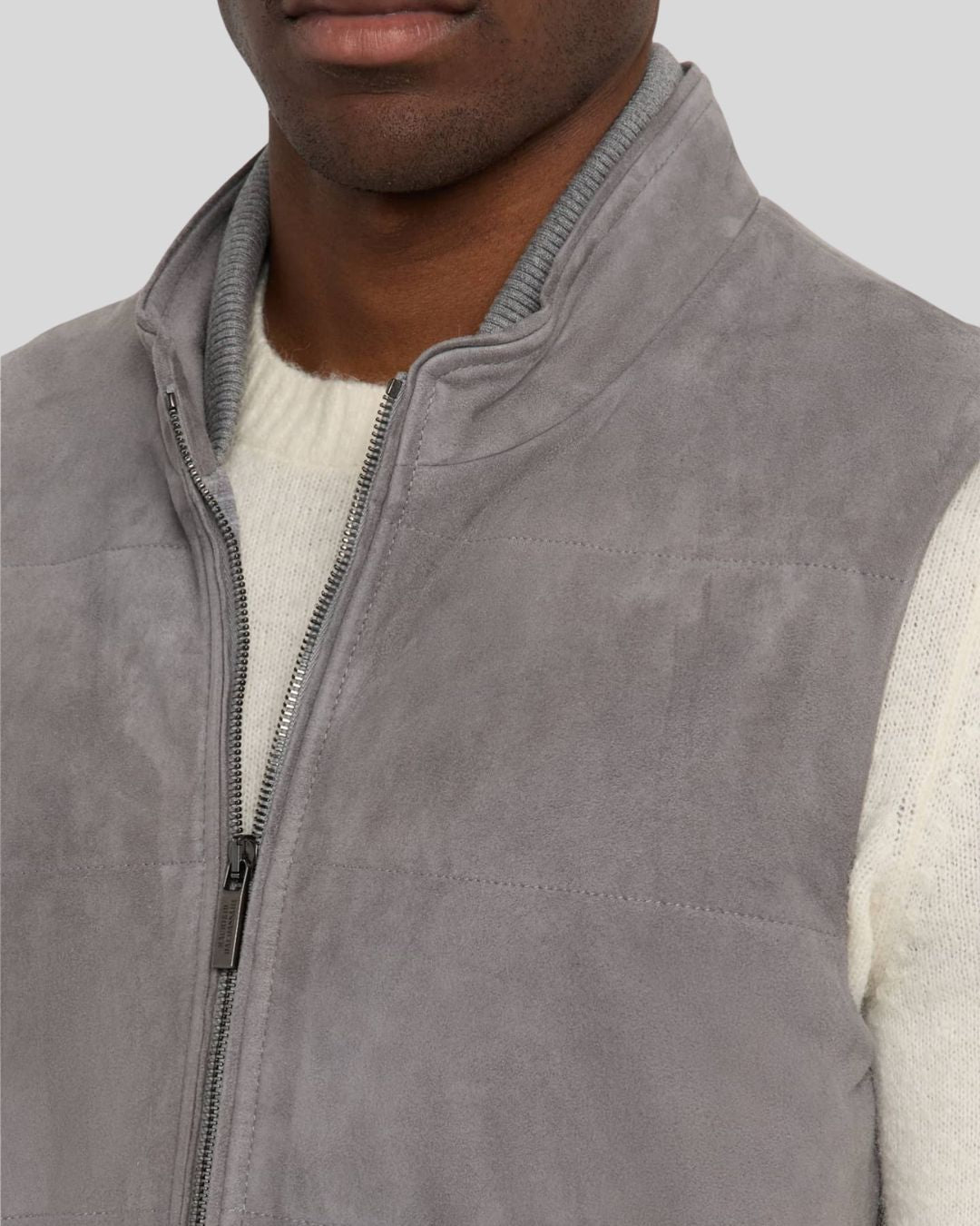 Collar and material close-up of grey suede vest