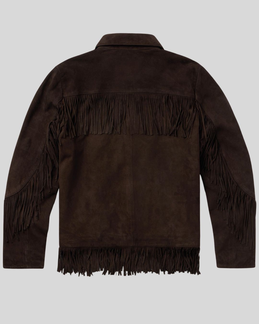 mens dark brown suede fringe jacket front button closure