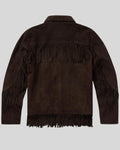  back view of dark brown suede fringe jacket for men