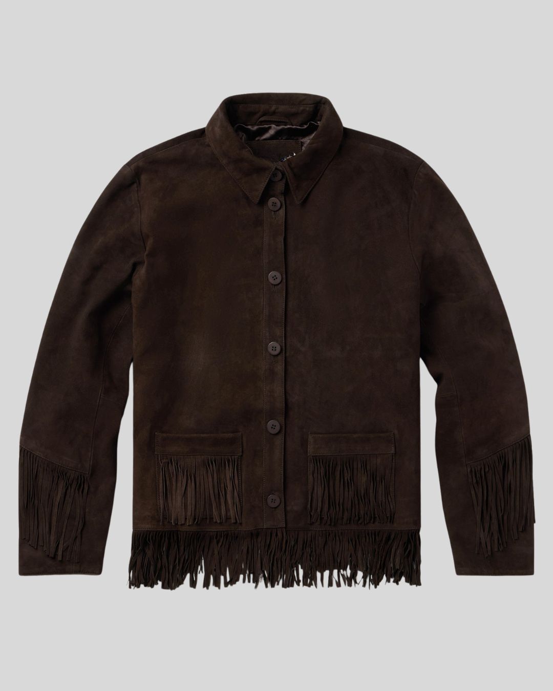 mens dark brown suede fringe jacket front button closure