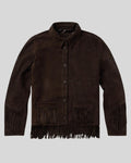 mens dark brown suede fringe jacket front button closure