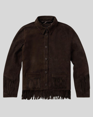 mens dark brown suede fringe jacket front button closure
