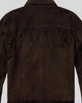 back yoke fringe detail of mens suede jacket