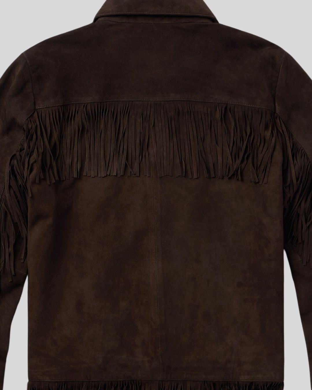 back yoke fringe detail of mens suede jacket