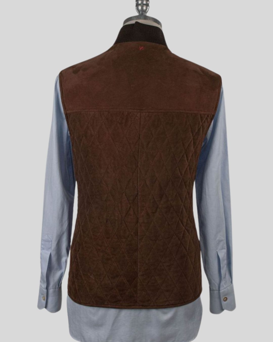 front view of mens quilted suede vest in dark brown sheepskin