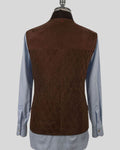 rear panel view of men's quilted suede vest in tobacco brown