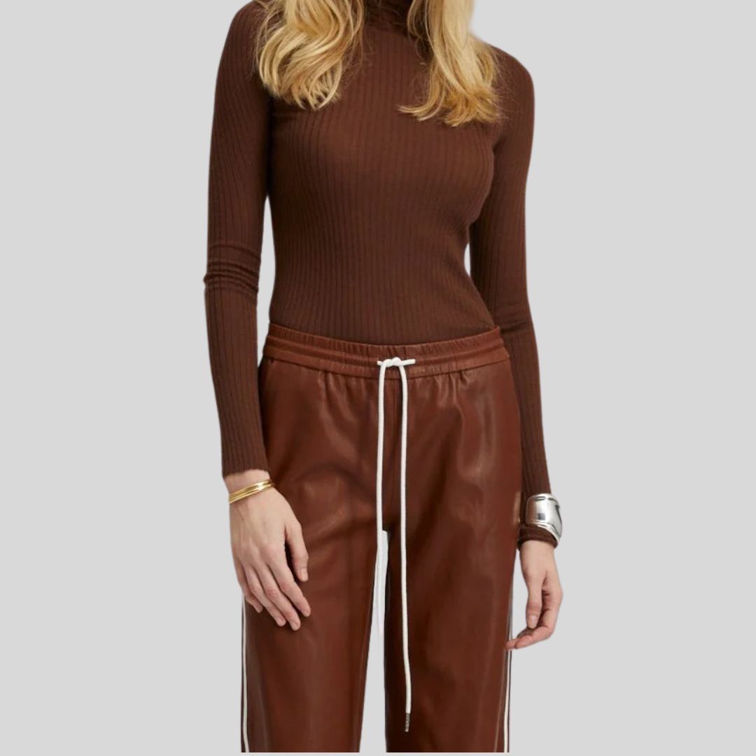 side view of brown leather wide leg pants with stripe