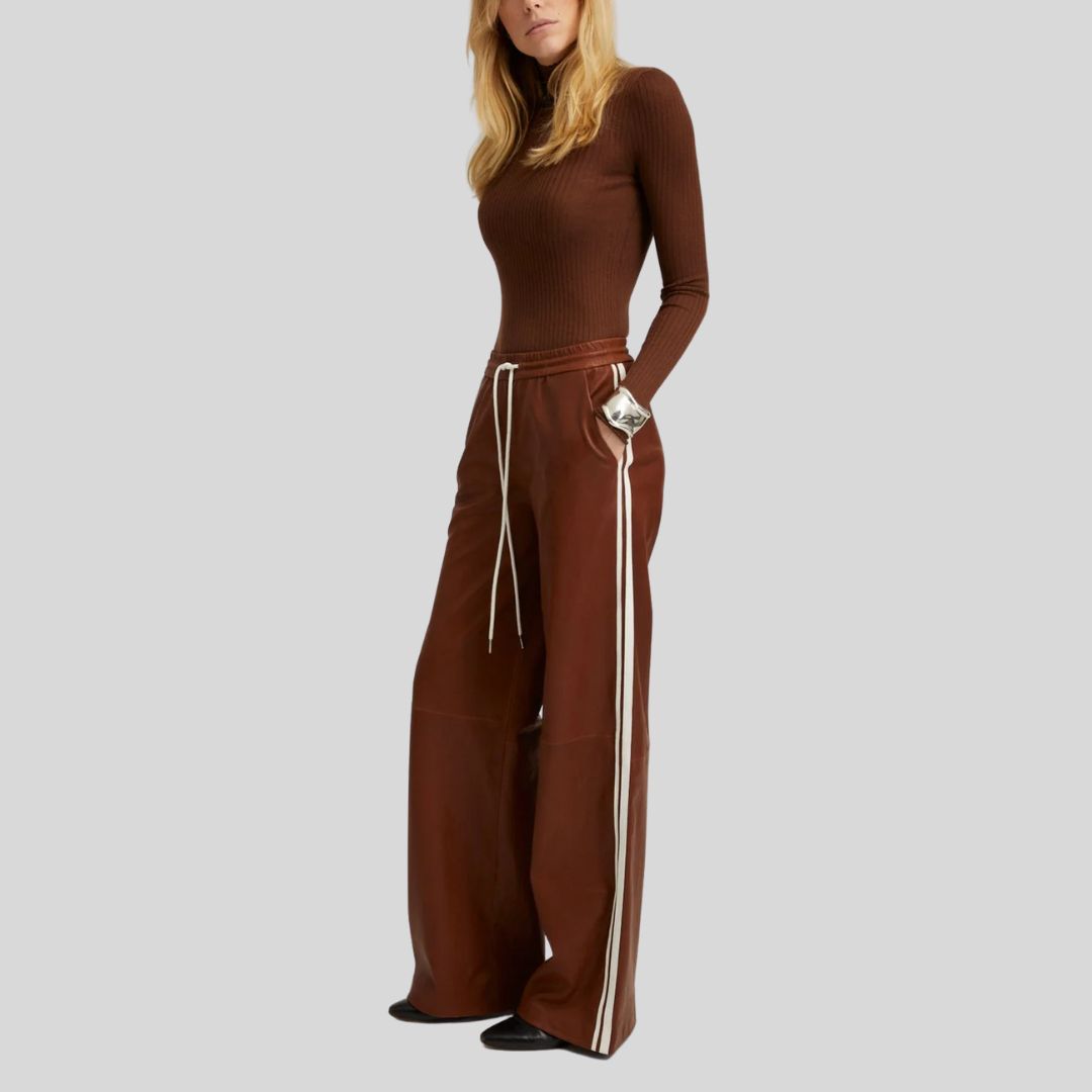 full styled outfit with brown wide leg leather pants