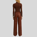 rear view of brown leather wide leg pants