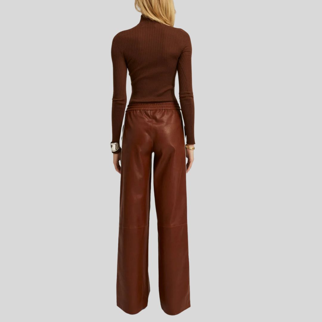 rear view of brown leather wide leg pants