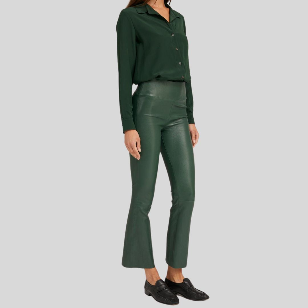 side view of green flare pants with high rise fit