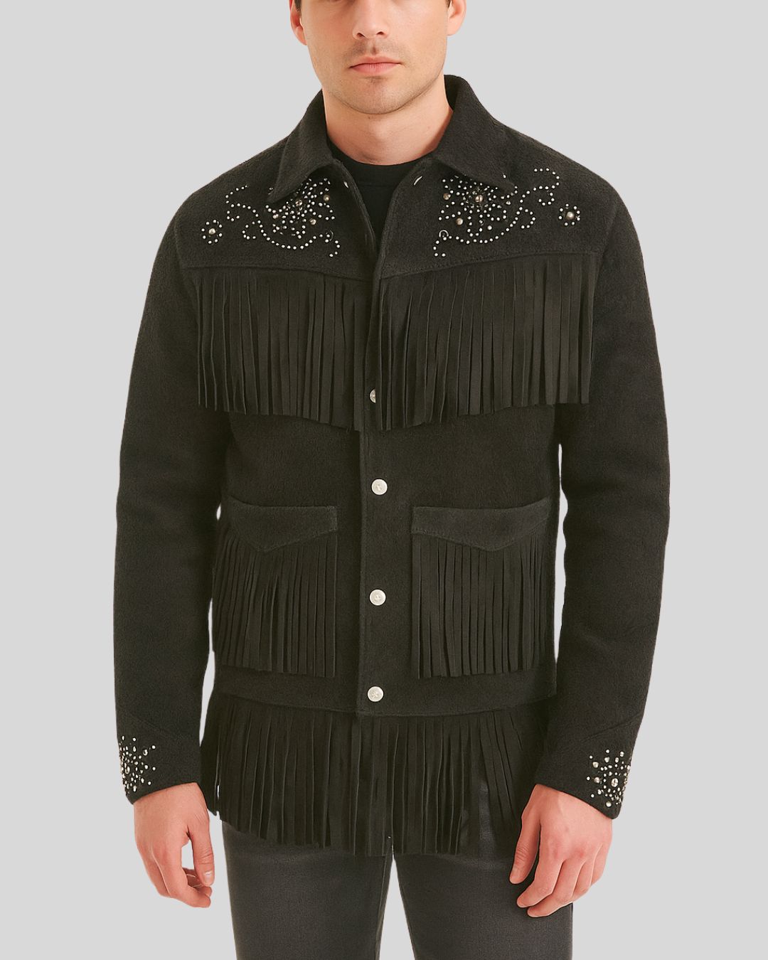 Front view of Western Rhinestone Black Suede Jacket for Men