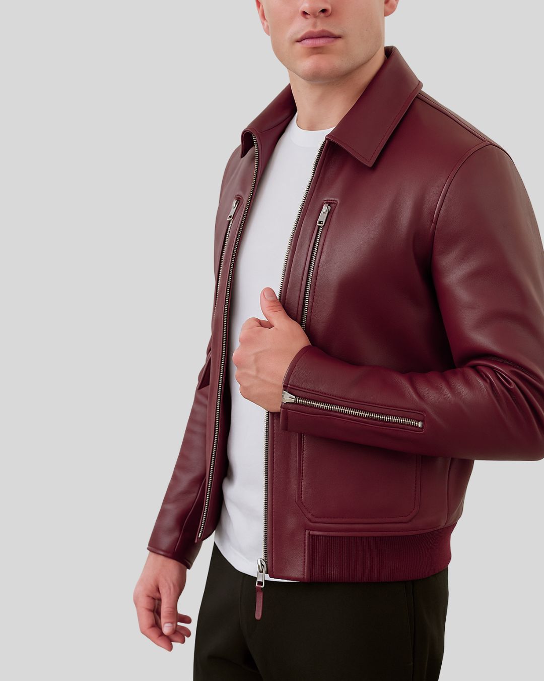 Men’s Wine Red Leather Utility Jacket – Side Angle