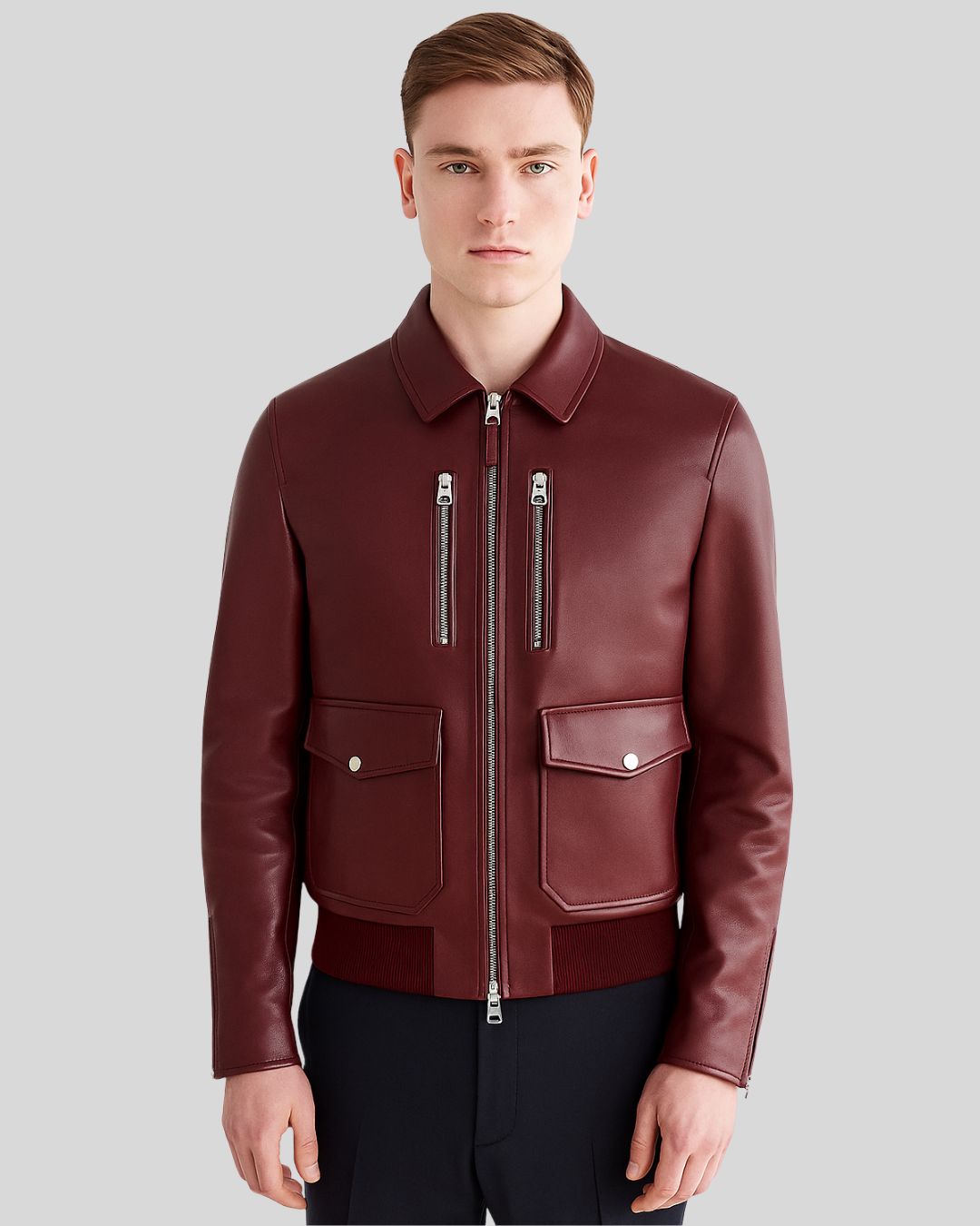 Burgundy Lambskin Bomber Jacket – Zipper Detail Close-Up