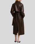 Back view of women’s brown leather trench coat with belt and center vent