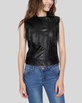 closed front view of black fringe vest in leather for women