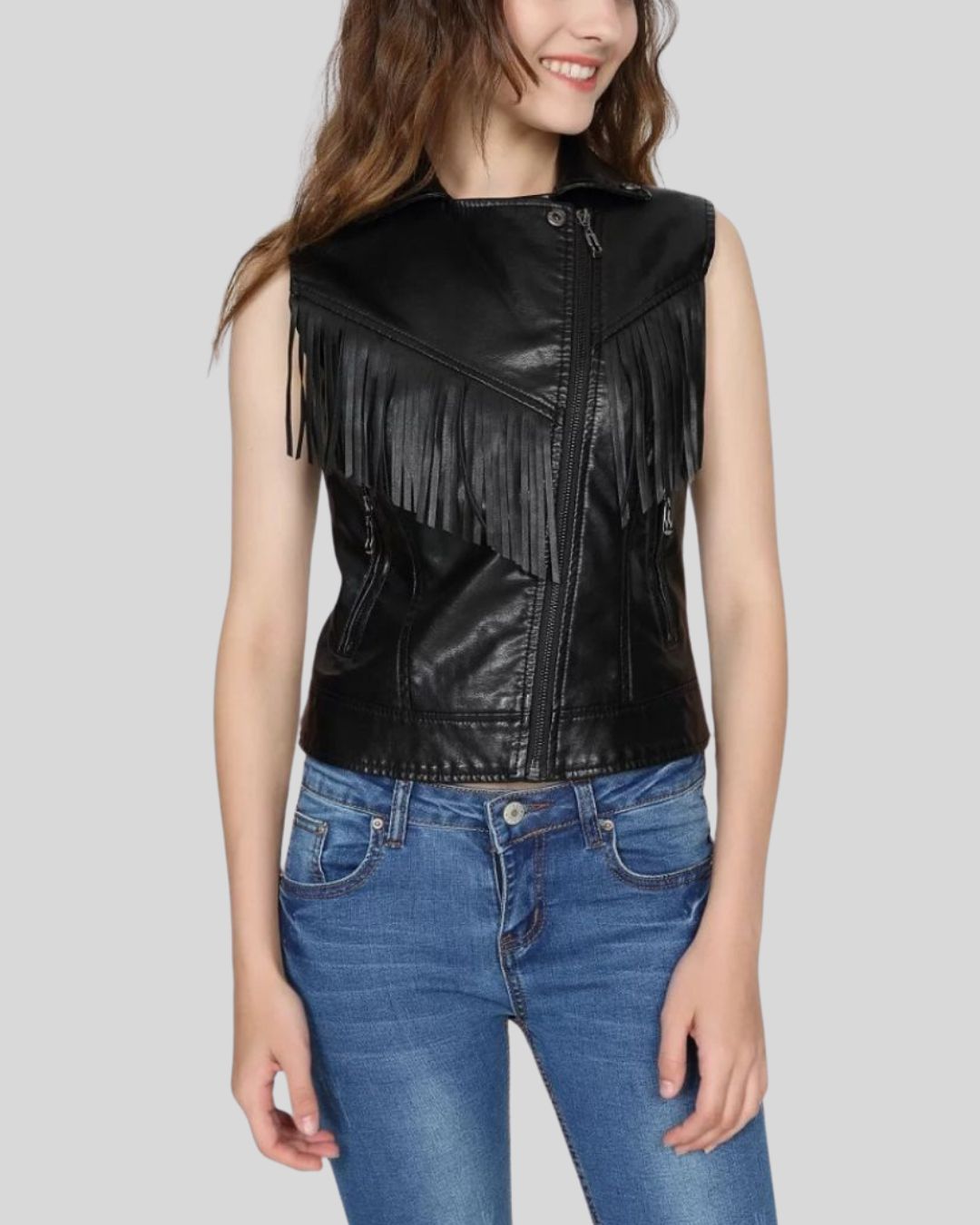 closed front view of black fringe vest in leather for women
