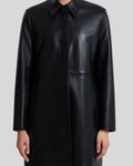 Women’s black leather long coat with concealed placket – close view