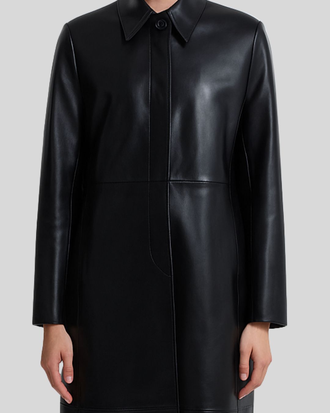 Women’s black leather long coat with concealed placket – close view