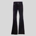 front view of womens black suede flare pants