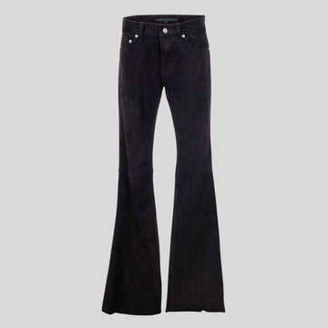 front view of womens black suede flare pants