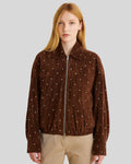 Back view of brown suede bomber jacket with studded embellishments