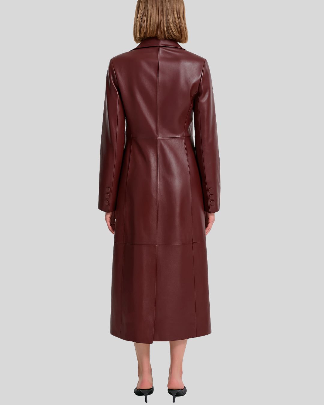 Women’s burgundy leather long coat – closed front view