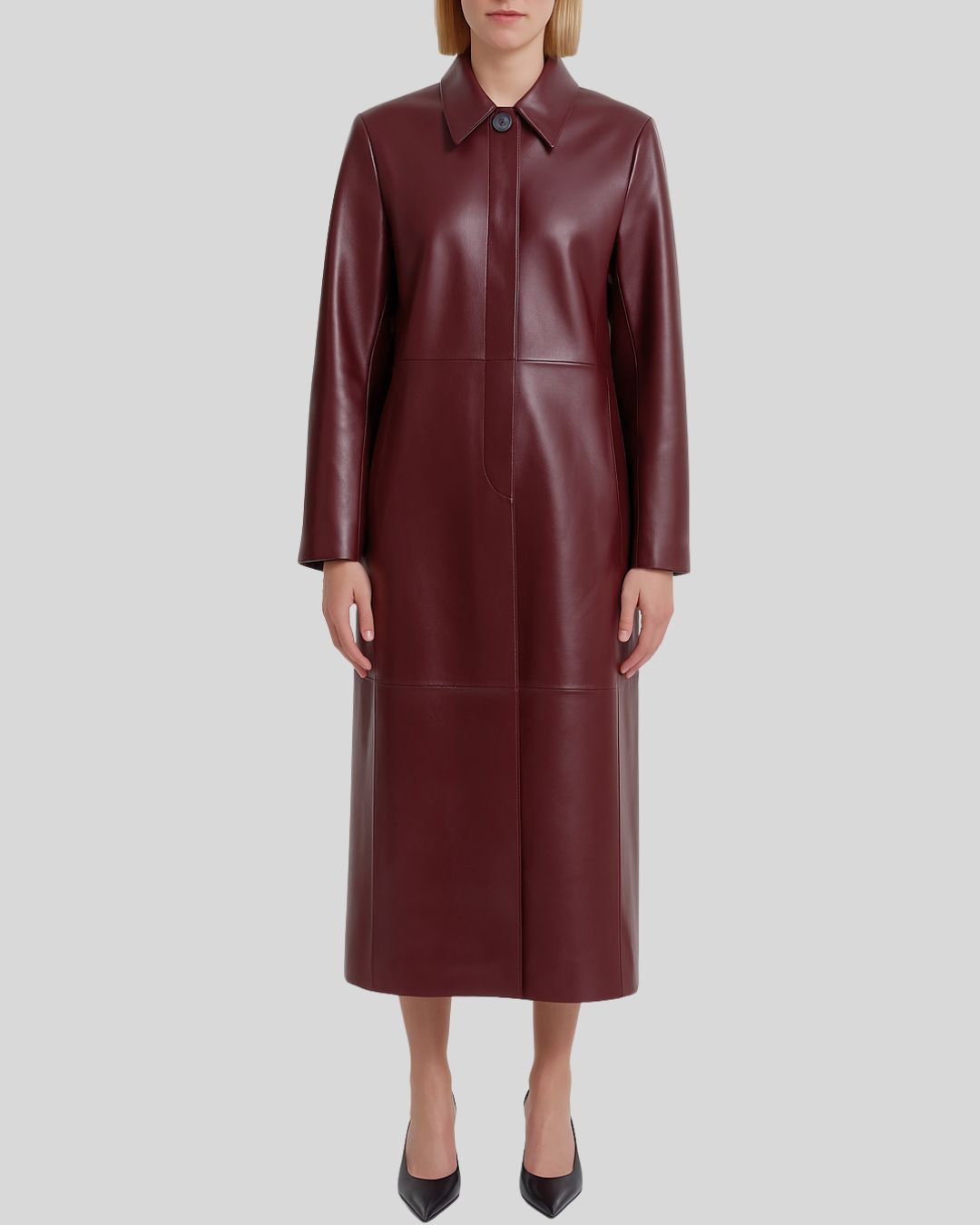 Women’s burgundy leather long coat – closed front view