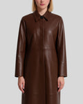 Women’s dark brown leather coat with concealed placket – close view