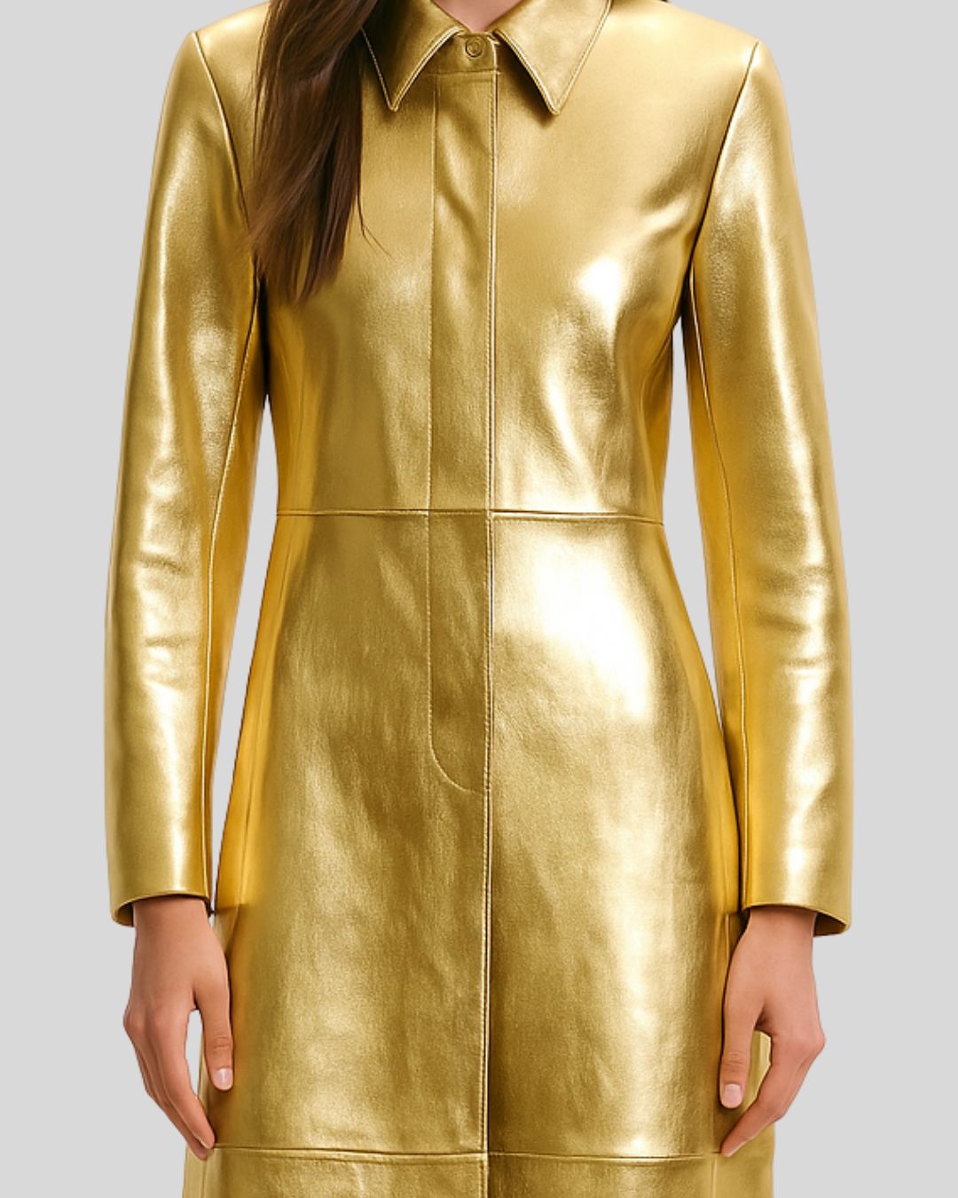 Women’s gold leather long coat with concealed closure – close view