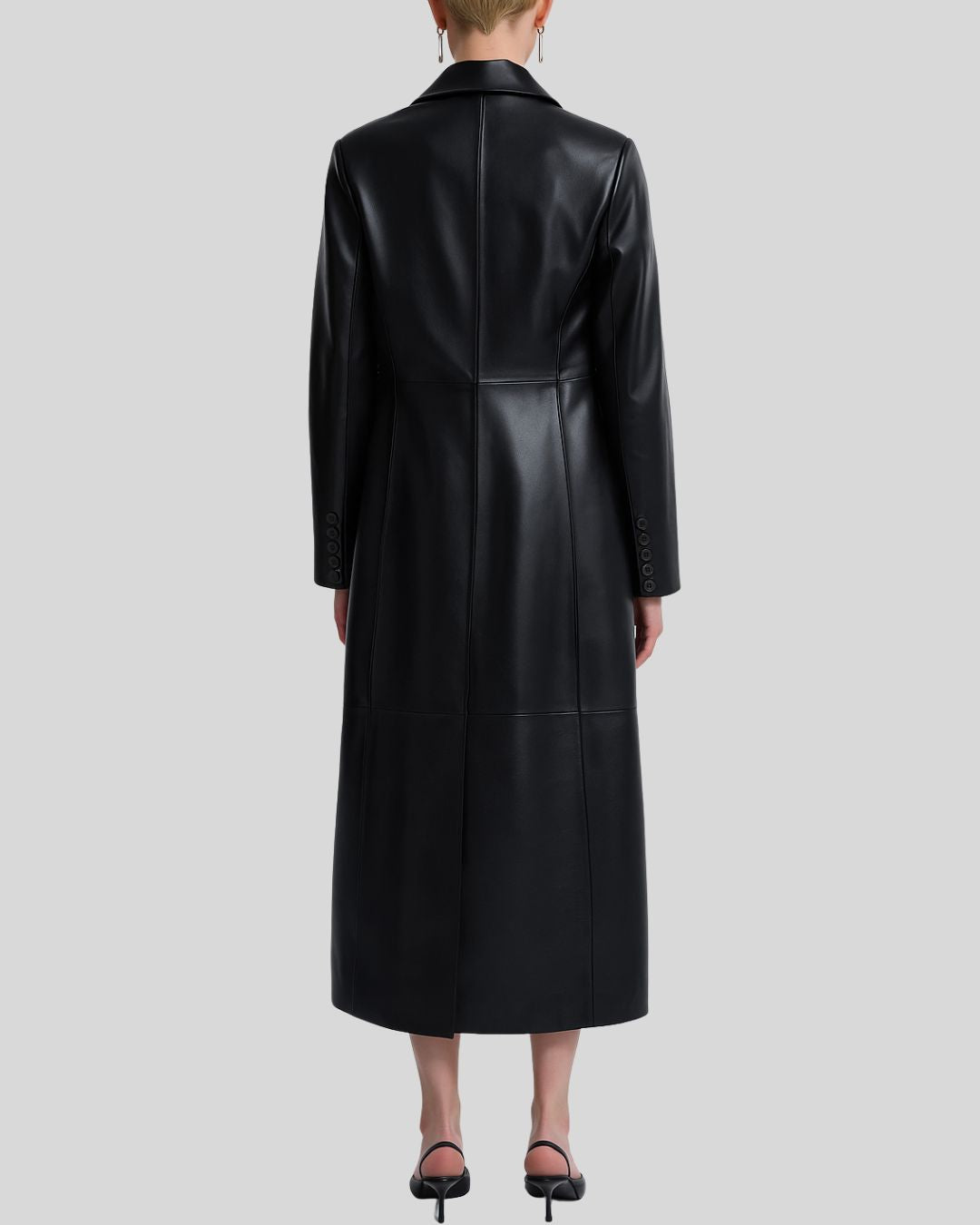 Black leather trench coat for women – full front view