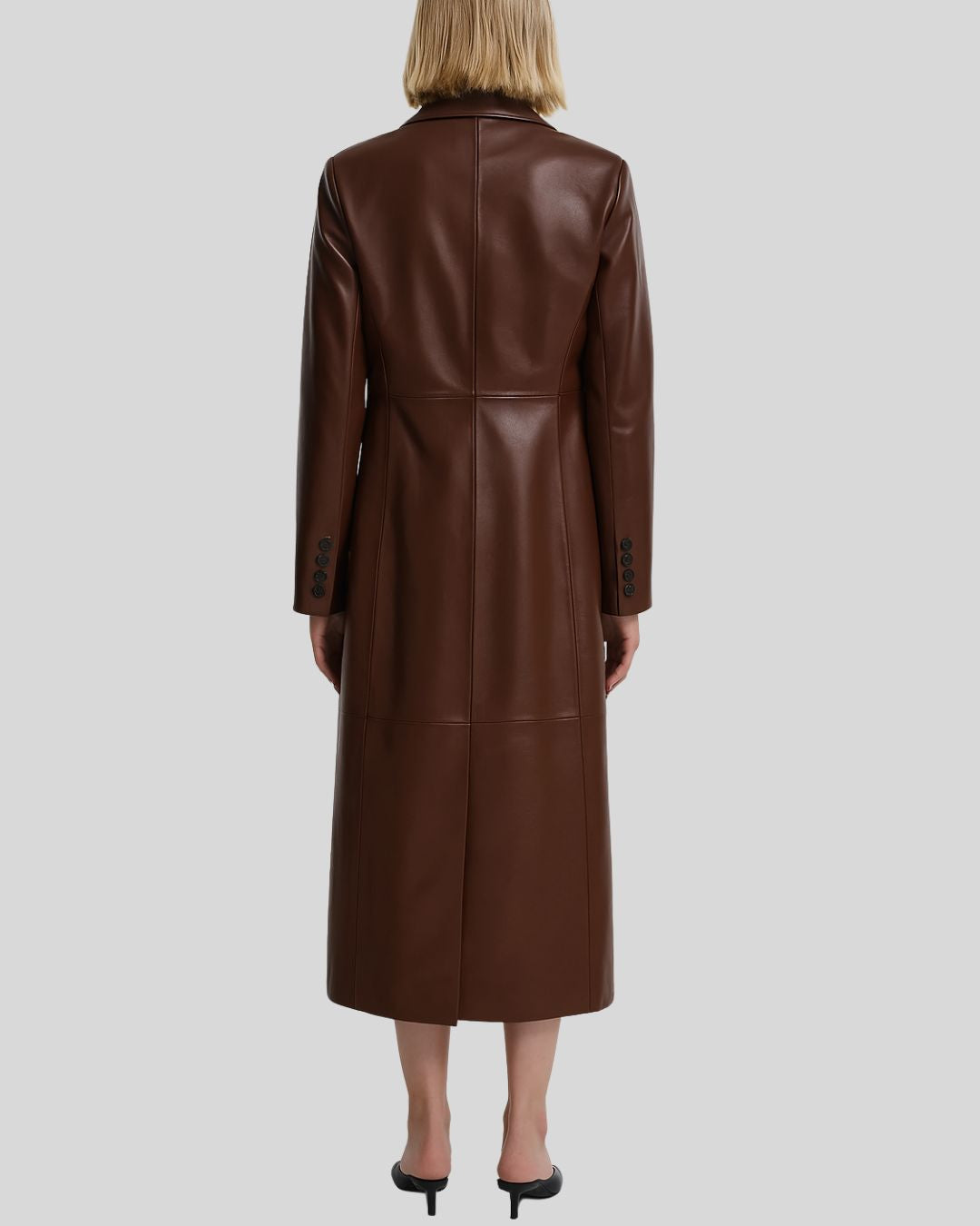 Chocolate leather trench coat for women – full front view